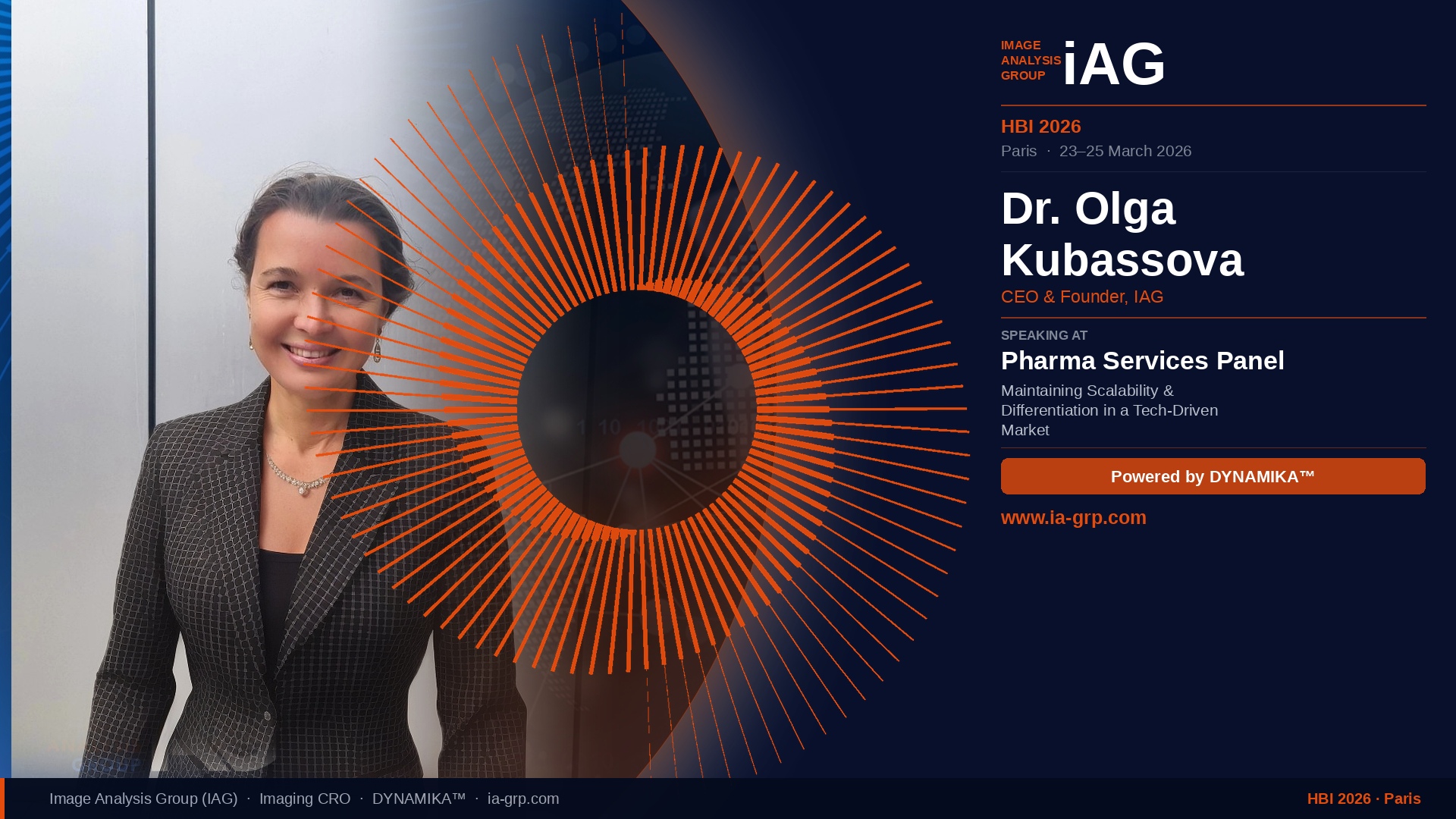 Image Analysis Group (IAG) at HBI 2026 pharma services panel in Paris discussing AI-driven imaging for clinical trials.